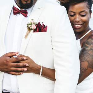 African American couple getting married at an island